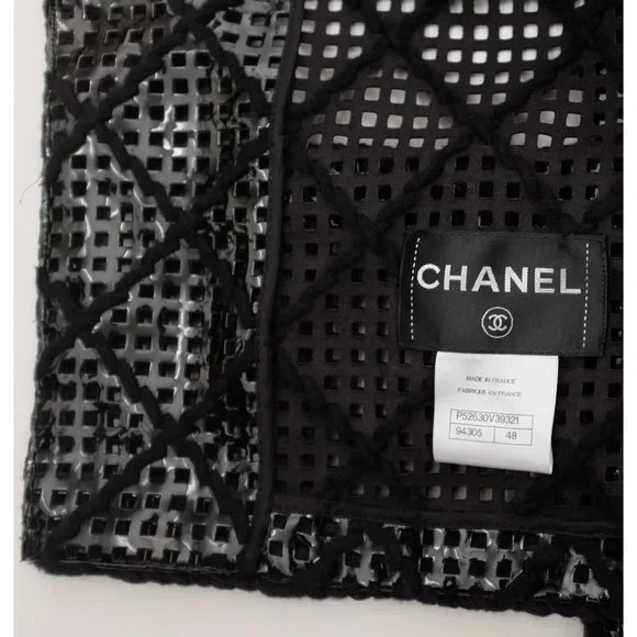 Chanel Brasserie 15K jacket coat 48 / 16 faux leather PVC perforated tweed black